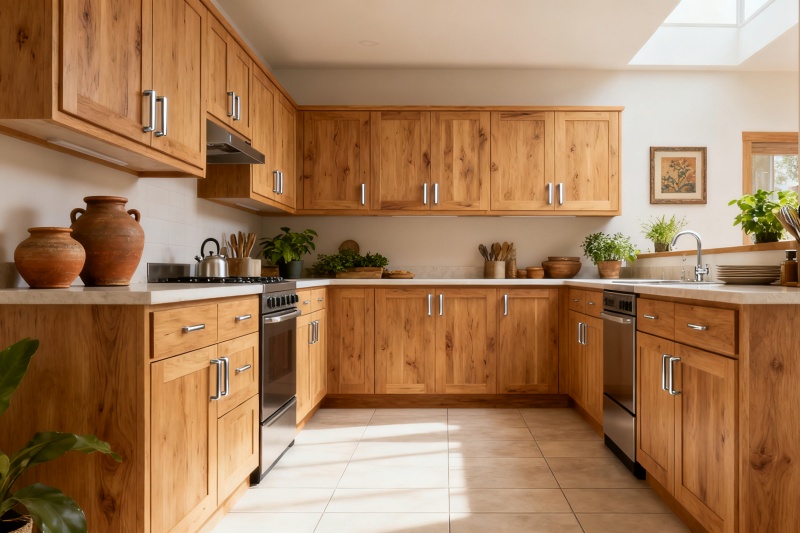oak trim with white kitchen cabinets