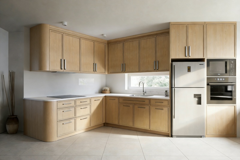 Slim profile oak kitchen cabinetry
