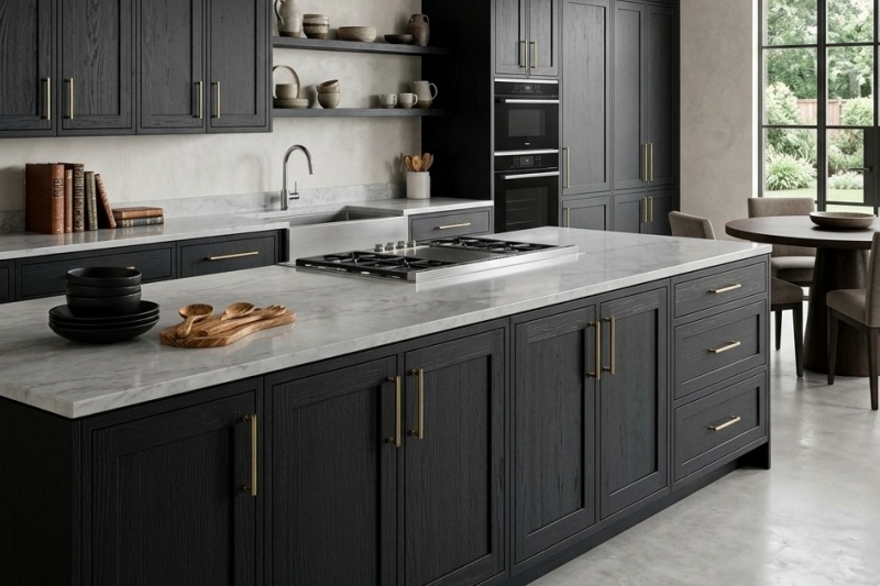 Custom black-stained oak cupboards