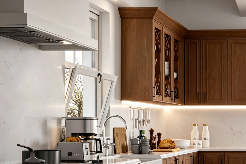 Kitchen storage with oak cabinets