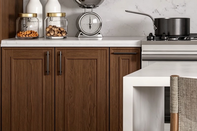 Elegant Mocha Oak Wood Cupboards