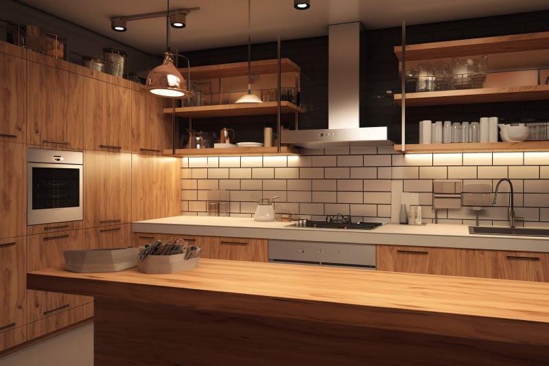 Golden travertine countertops and dark wood cabinets
