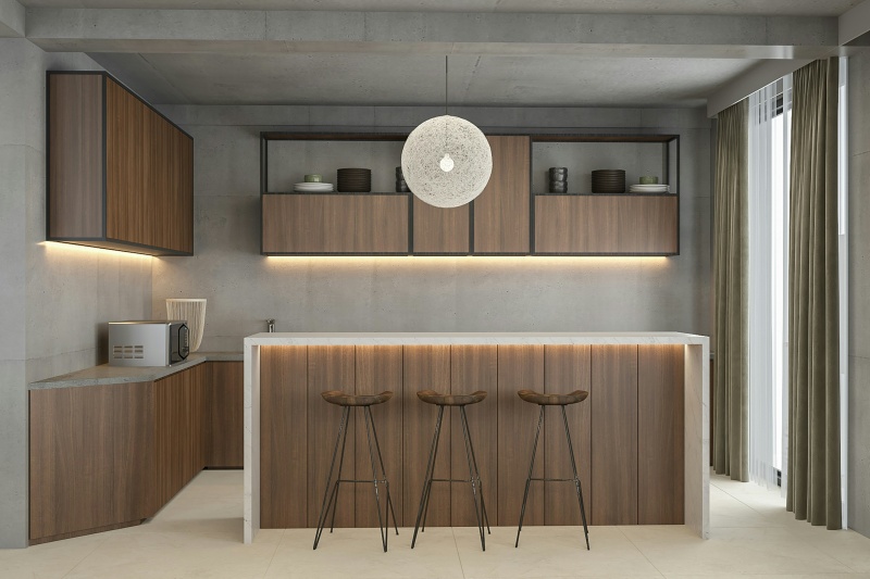 Neutral countertop options for dark wood cabinets